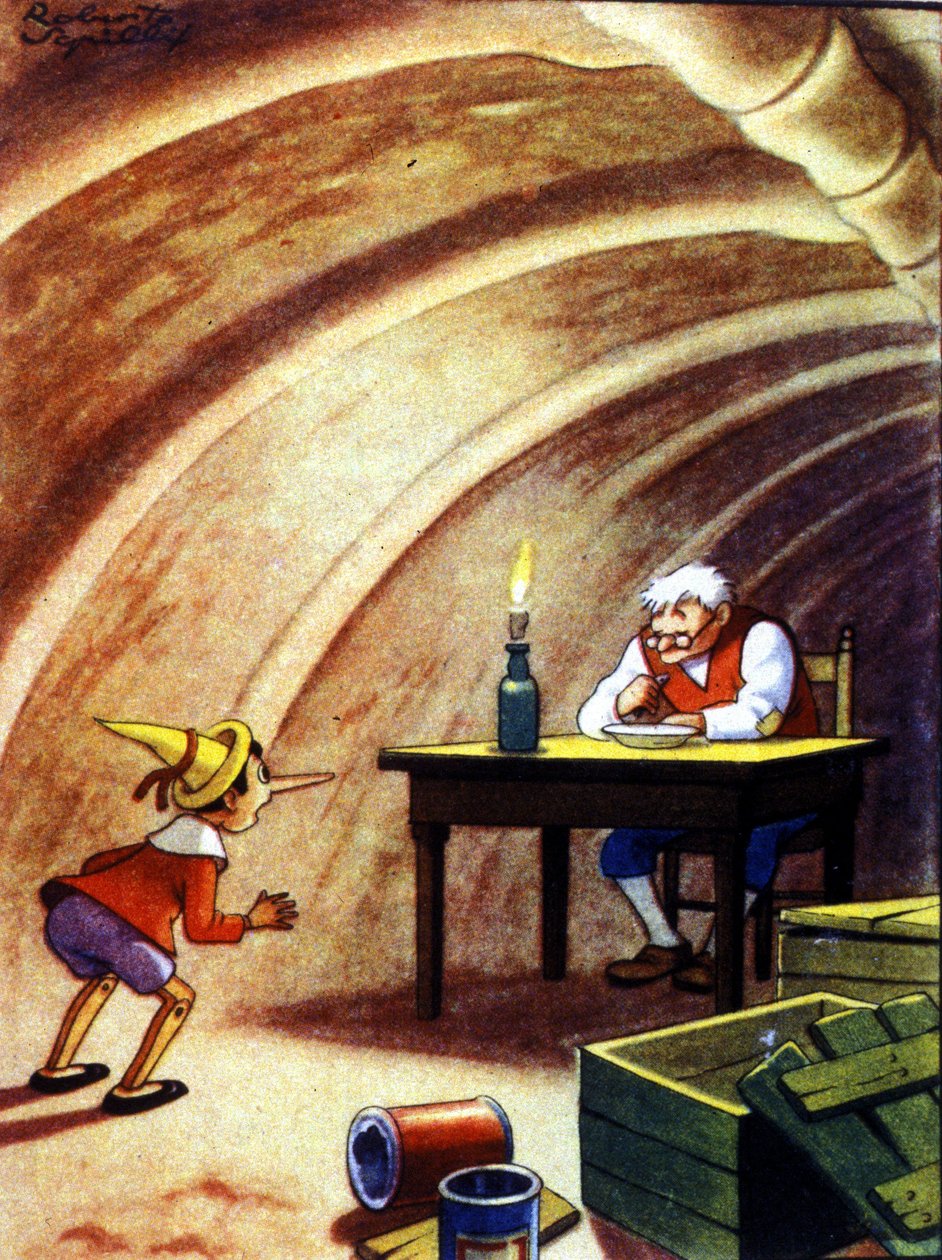 Pinocchio najde svého otce v břišní jeskyni obrovské ryby. Ilustrace příběhu Carla Collodiho. od Unknown artist