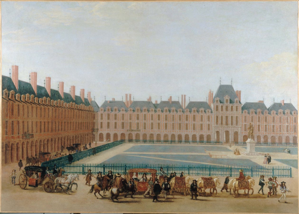 Place Royale, kolem roku 1660; průjezd královského kočáru. Současné náměstí Place des Vosges, 4. obvod, asi 1655-1665 (olej na plátně) od Unknown artist