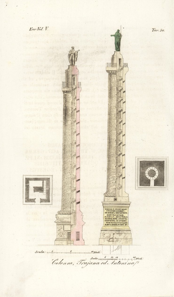 Půdorys a pohled na Trajánův sloup a Sloup Marca Aurelia od Unknown artist