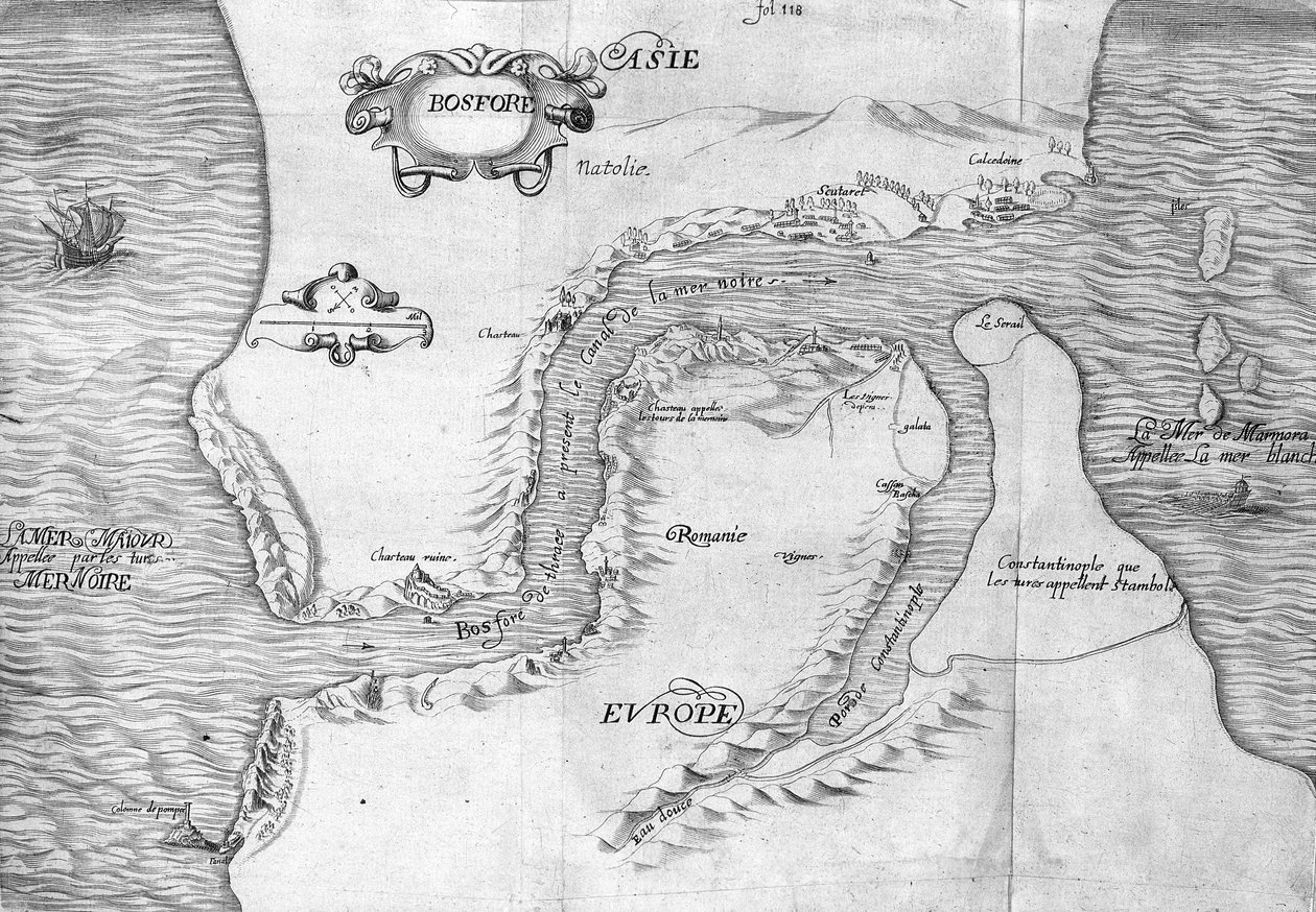 Plán znázorňující Konstantinopolský průliv (nyní Bosporský průliv (Bosporos) - v „“ Voyage de levant uskutečněné velením krále v roce 1621“, editováno v roce 1629 (za vlády Ludvíka XIII Le Juste) od Unknown artist