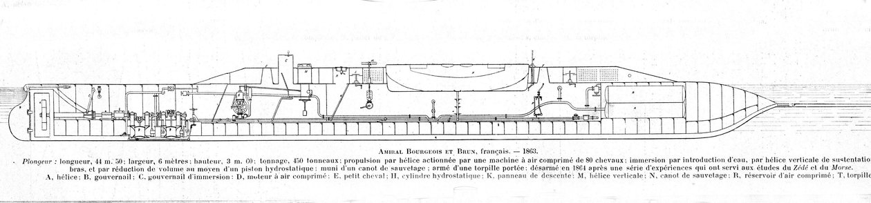 Deska představující francouzskou ponorku (ponorku) Bourgeois a hnědou od Unknown artist
