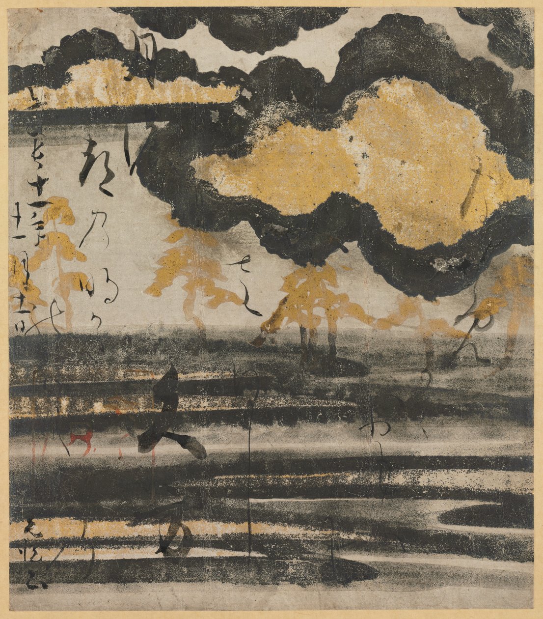 Básnická karta z Shin Kokin wakashu (nová sbírka japonských básní ze starověku a moderní doby) s designem borovice na pláži od Unknown artist