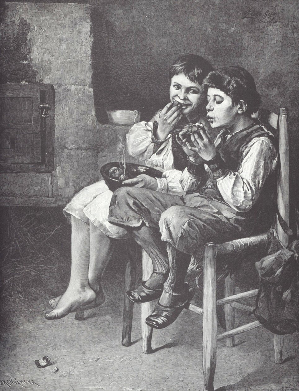 Chudí chlapci jedí, konec 19. století (dřevoryt) od Unknown artist