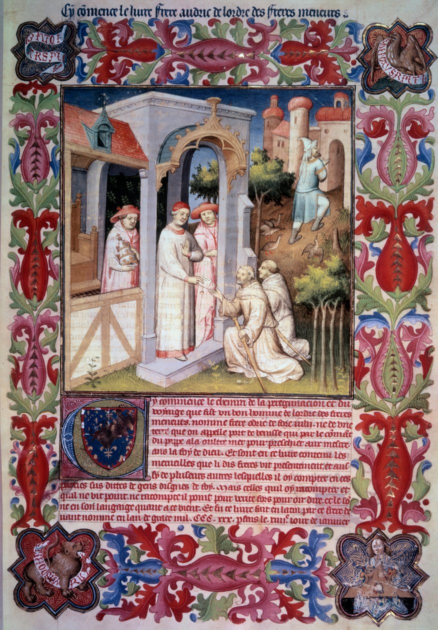 Papež Jan XXII. pověřil Odorika z Pordenone (františkána) posláním evangelizovat zámořské moře. Muži vedoucí koroptve do Trabzonu. Zbraně a emblém Jean bez obav. Zbraně Jean de Berry. Miniatura v „“ itineráriu. Kniha zázraků", od Unknown artist