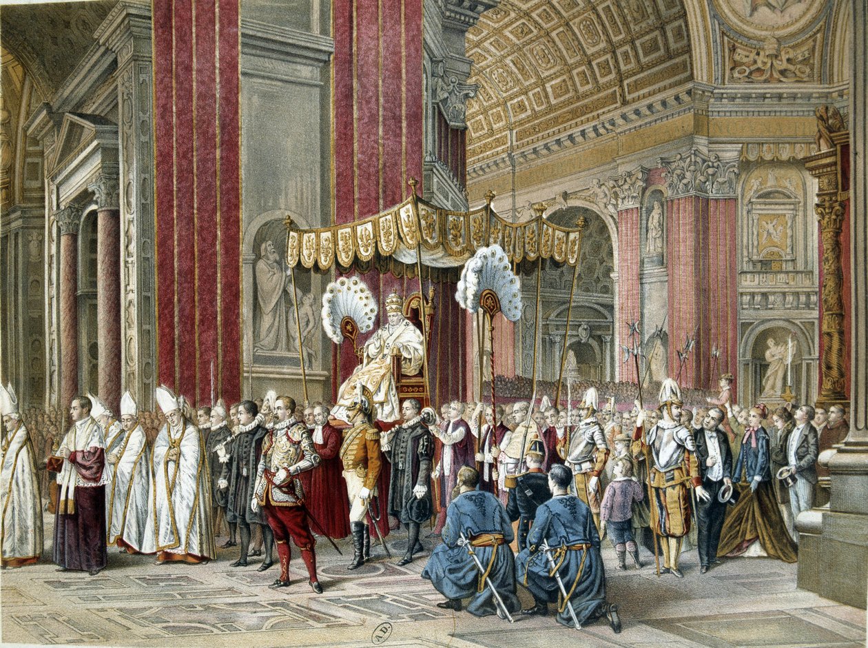 Papež Pius IX. (1792-1846) navštívil 8. 12. 1869 slavnostní zahájení prvního vatikánského koncilu v bazilice sv. Petra. Je to na Sedia Gestatoria. Ilustrace z období. od Unknown artist