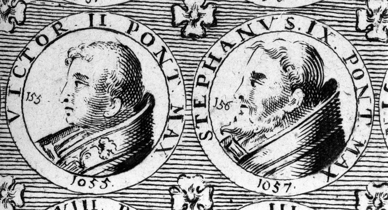 Papežové Victor II (nebo Victor 2 zemřel 1057) a Stephen IX (nebo Stephane 9 zemřel 1058). Rytina 18. století. od Unknown artist