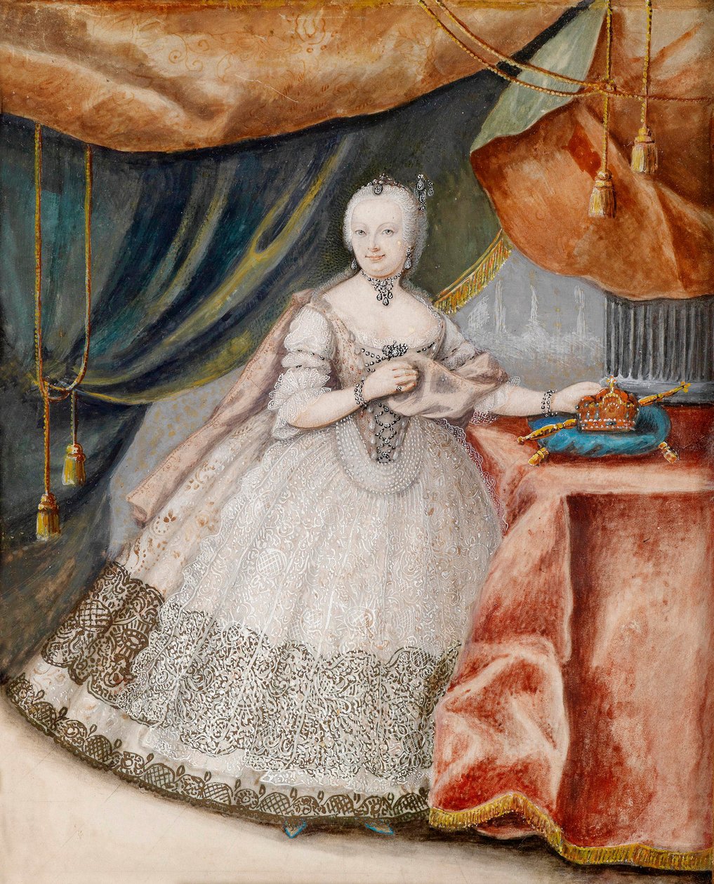 Portrét císařovny Marie Terezie Rakouské (1717-1780) v dlouhých krajkových šatech. Anonymní dílo, akvarel na pergamenu, kolem 1740. Rakouské umění od Unknown artist