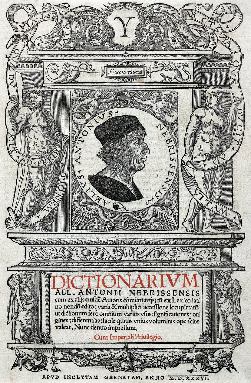 Portrét Antonia Martineze de Cala řekl Antonio de Nebrija (1441-1522), španělský humanista a gramatik. Strážní stránka jeho slovníku, vydaného v roce 1536. Národní knihovna v Madridu. od Unknown artist