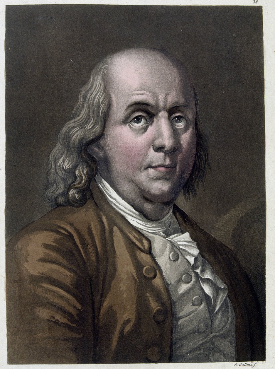 Portrét Benjamina Franklina, amerického politika a fyzika (1706-1790) - ve filmu „Starý a moderní kostým“ od Julese Ferraria 1819-1820 od Unknown artist