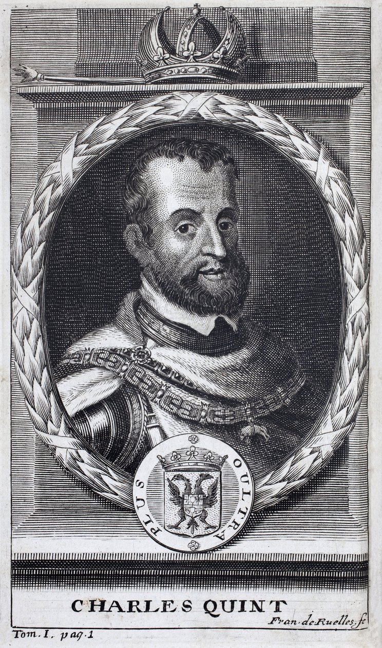 Portrét Karla V. (1500-1558), krále Španělska a Španělské Ameriky, sicilského krále a císaře Svaté říše římské germánské (1519-1556). Rytina k ilustraci „Historie války o Flandry“, od Flamianus Strada, vydání Joseph T