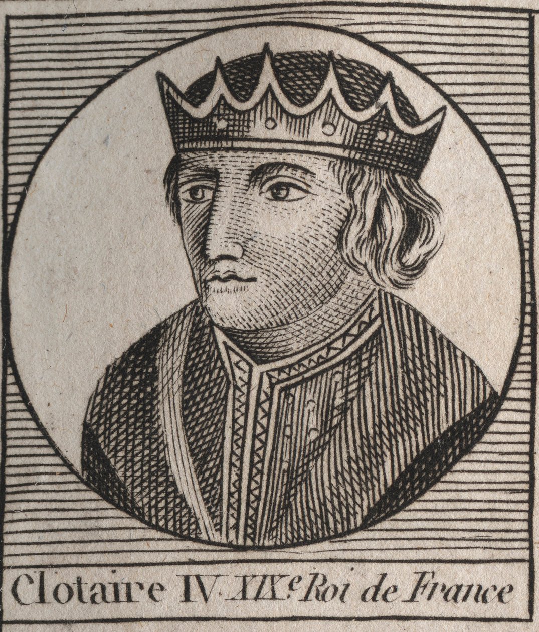 Portrét Clothaire (Clothaire) IV (asi 685-719), krále australských franků v letech 717 až 719 - Chlothar IV (nebo Chlotar) král Franků - rytina z „“Instruction sur l