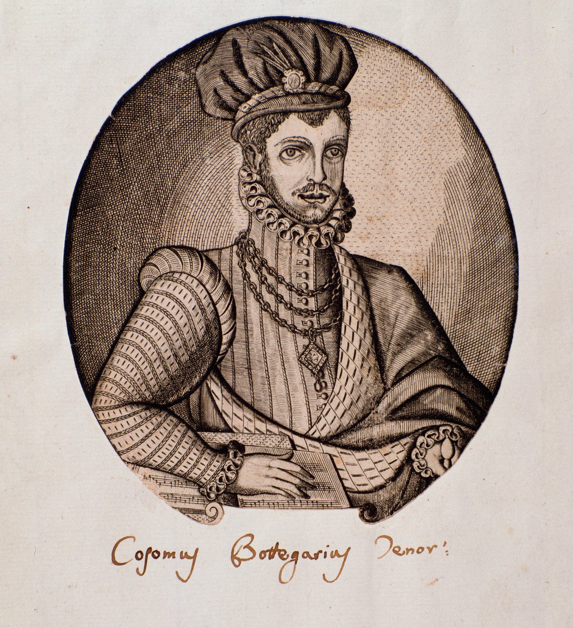 Portrét Cosima Bottegariho (1554-1620) italský loutnista a skladatel Rytina. Bologna, občanské hudební bibliografické muzeum 17. století od Unknown artist