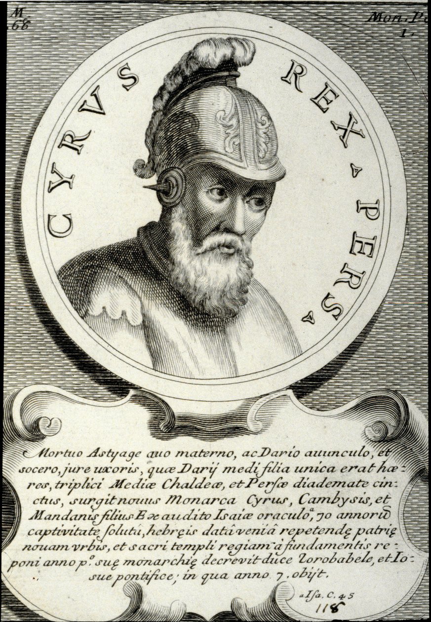 Portrét Kýra II. (asi 559-529 př. n. l.) zvaného Kýros Veliký, zakladatel Perské říše. Rytina soukromé sbírky z 18. století od Unknown artist