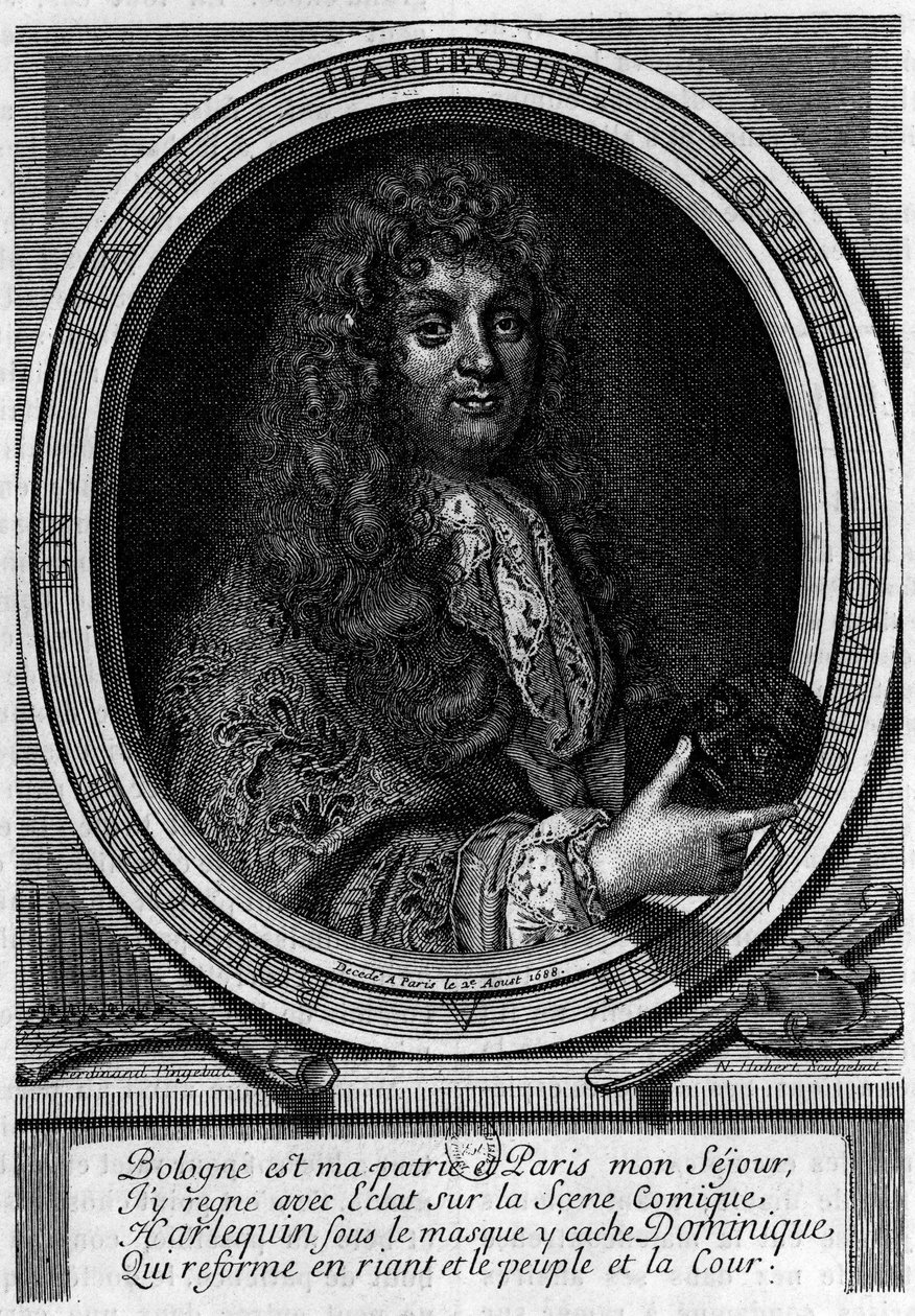 Portrét Dominique (Domenico Giuseppe) Biancolelli (1640-1688), herec, vytvořil postavu Harlekýna (Arlechino), kterou ztvárnil. Byl součástí souboru, který Mazarin přivedl do Paříže v roce 1660 do Comedie-Italiana. od Unknown artist