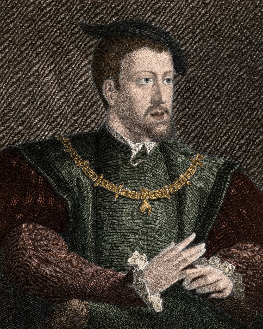Portrét císaře Karla V. (1500-1558) s náhrdelníkem Řádu zlatého rouna - Karel V. (1500-1558) s řetězem Řádu zlatého rouna na krku - rytina - 19. stol. od Unknown artist