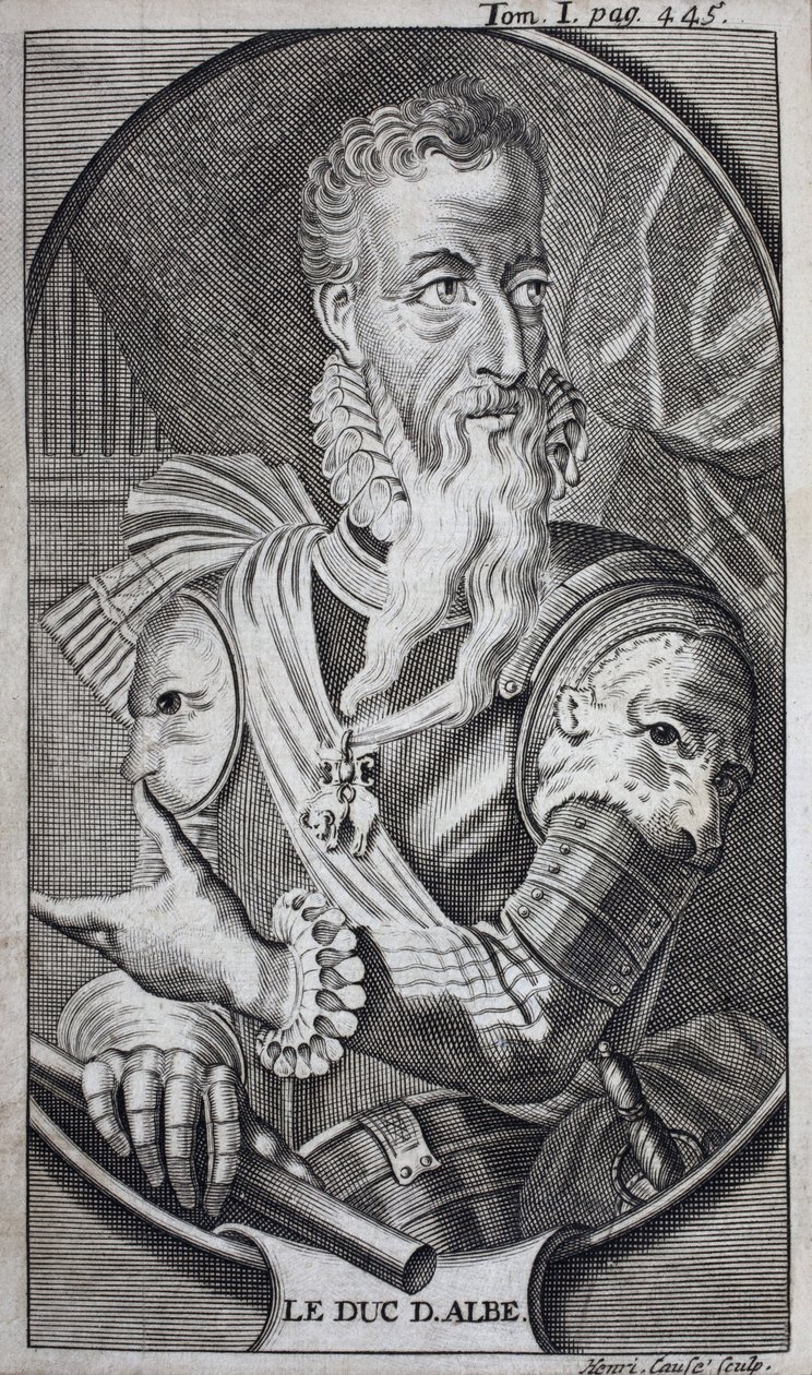 Portrét Ferdinanda Alvare de Toledo (1507-1582) třetí vévoda z Alby, velký španělský vévoda, vévoda z Huescar, markýz z Coria, hrabě ze Salvatierry, vicekrál Neapole (Itálie) a guvernér Nizozemska (Nizozemí). Rytina k ilustraci „Historie t od Unknown artist