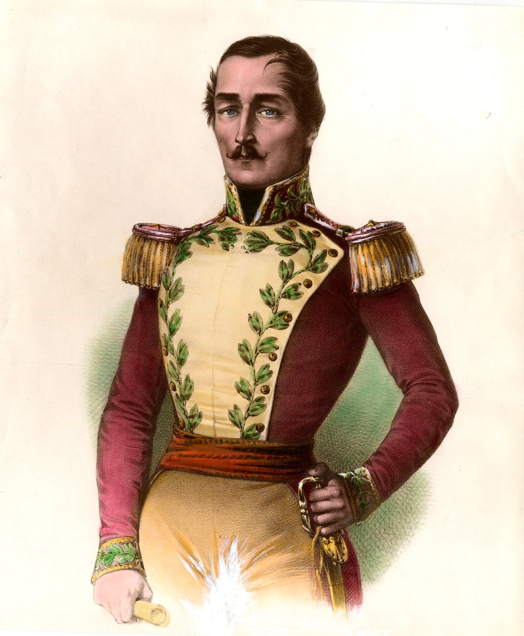 Portrét generála Santandera (Francisco de Paula) (1782-1840), kolumbijského vojáka a státníka, hrdiny nezávislosti z roku 1819. Rytina ze soukromé sbírky z roku 1836 od Unknown artist