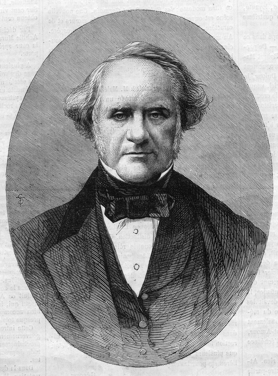 Portrét George Peabodyho (1795-1869), podnikatele a filantropa, zakladatele konzervatoře Peabody Institute na Univerzitě Johna Hopkinse v Marylandu ve Spojených státech amerických. Gravírování do „“The Illustrious Universe““ od Unknown artist