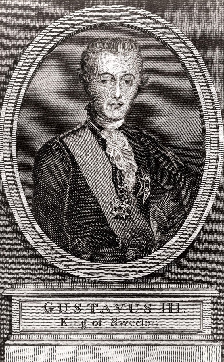 Portrét Gustava III. (1746-1792), švédského krále v letech 1771 až 1792, rytina z roku 1787 „Sbírka vojáků včerejška““ od Unknown artist