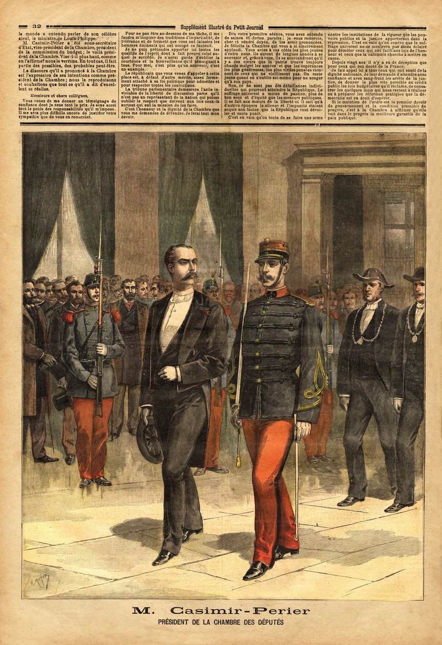 Portrét Jeana Casimira-Perriera (Casimir Perrier, Casimir Perrier, Casimir-Perrier) (1847-1907), nového prezidenta Poslanecké sněmovny. Rytina v „“ Le petit journal““ 28.1.1893. Selva sbírka. od Unknown artist