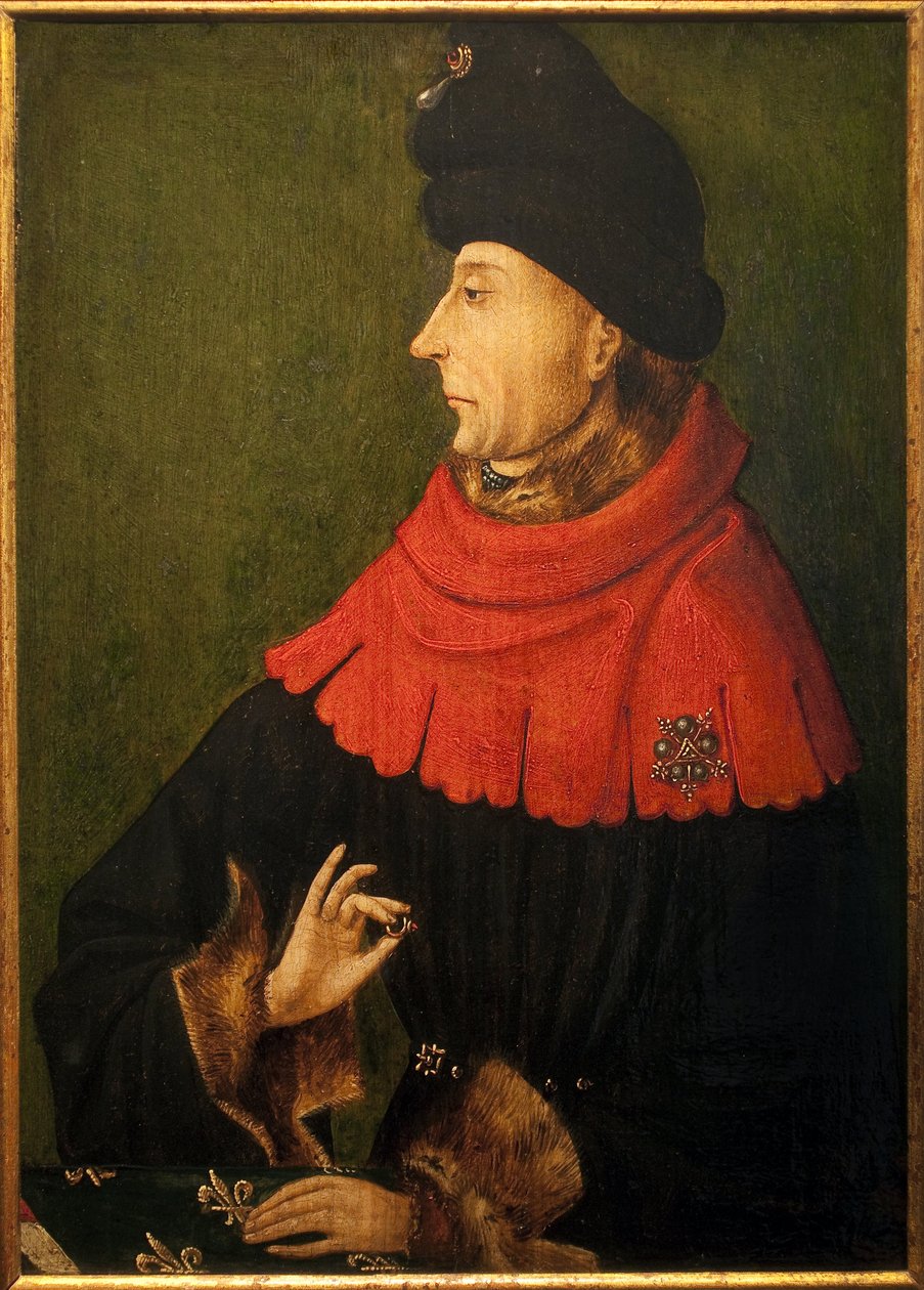 Portrét Jeana Sans peur, vévody burgundského (1371-1419). Prsten, který drží v ruce, je burgundský rubín zakoupený Filipem Hardi v roce 1397, který byl uchován v opatství Saint Benigne v Dijonu a předal jej abbé každému novému vévodovi. od Unknown artist