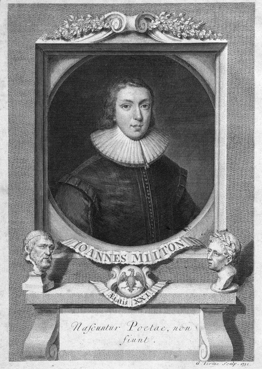 Portrét Johna Miltona, anglického básníka a esejisty (1608 - 1674), rytina 18. století od Unknown artist
