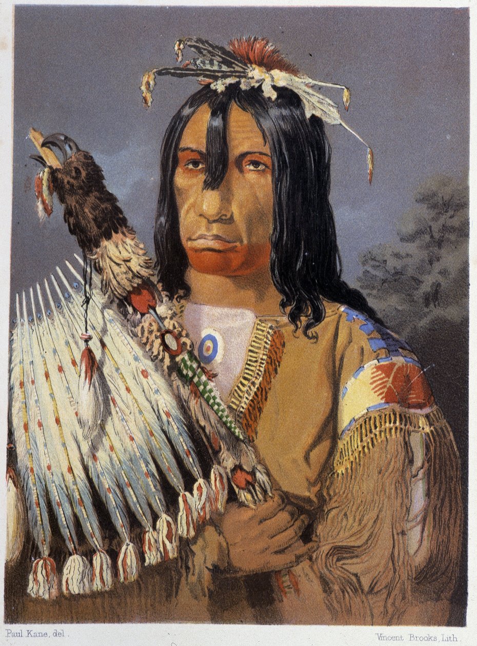 Portrét Kee-Ake-Saa-Ka-Wow s calumetem – v „“ Putování umělce mezi indiány Severní Ameriky““ od Paula Kanea, Longmans & Roberts, Londýn od Unknown artist