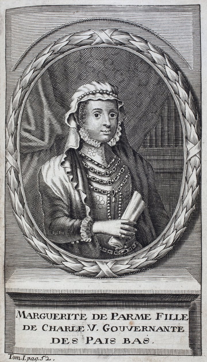 Portrét Margarity Parmské (nebo Margarity Rakouské) (1522-1586), vévodkyně z Parmy a Piacenzy, přirozené dcery Karla V. (1500-1558) a vychovatelky Nizozemska (Nizozemí) v letech 1559-1581. Rytina k ilustraci „Historie války o Fla od Unknown artist