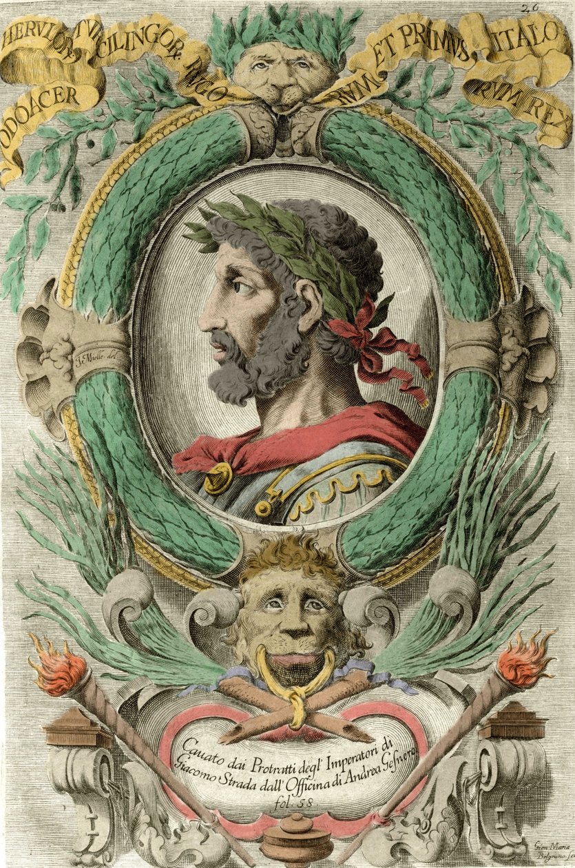 Portrét Odoacre (Odovacar), vůdce Herules spřízněných s Huny a ministr Attila (435-493). Rytina 18. století. od Unknown artist