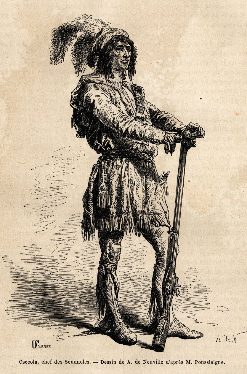 Portrét Osceoly (1804-1838), vůdce seminoles, v čele indického odporu proti Spojeným státům během války na Floridě (1835-1842). Rytina k ilustraci příběhu čtyři měsíce na Floridě, od Achille Pousselgue v letech 1851-1852, vyd. od Unknown artist