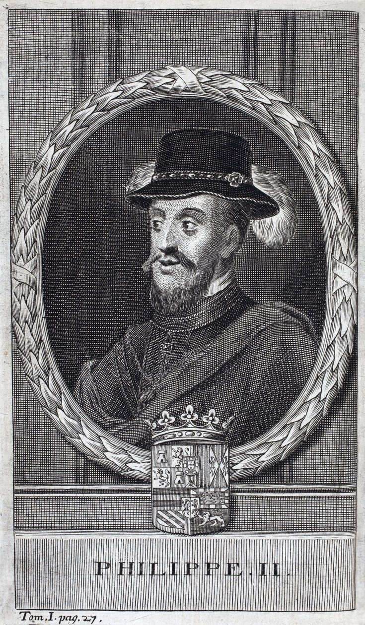 Portrét Filipa II. Španělského (Felipe) (1527-1598), krále Španělska a Portugalska. Rytina k ilustraci „Historie války o Flandry“, od Flamianus Strada, vydání Joseph T