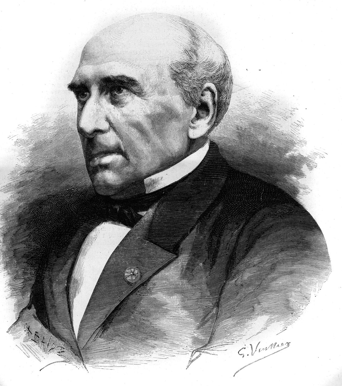Portrét Pierre Guillaume Frederic Le Play (Pierre-Guillaume-Frederic) (1806-1882), francouzský inženýr a sociolog. Rytina v „“ Le Monde Illustré““ č. 1306 z 8. dubna 1882. od Unknown artist