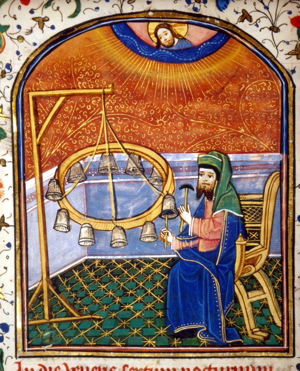 Portrét Pythagora (asi 570 - kolem 480 př. n. l.), řeckého matematika a filozofa, hrajícího na bicí nástroj (zvony), miniatura 15. stol. od Unknown artist