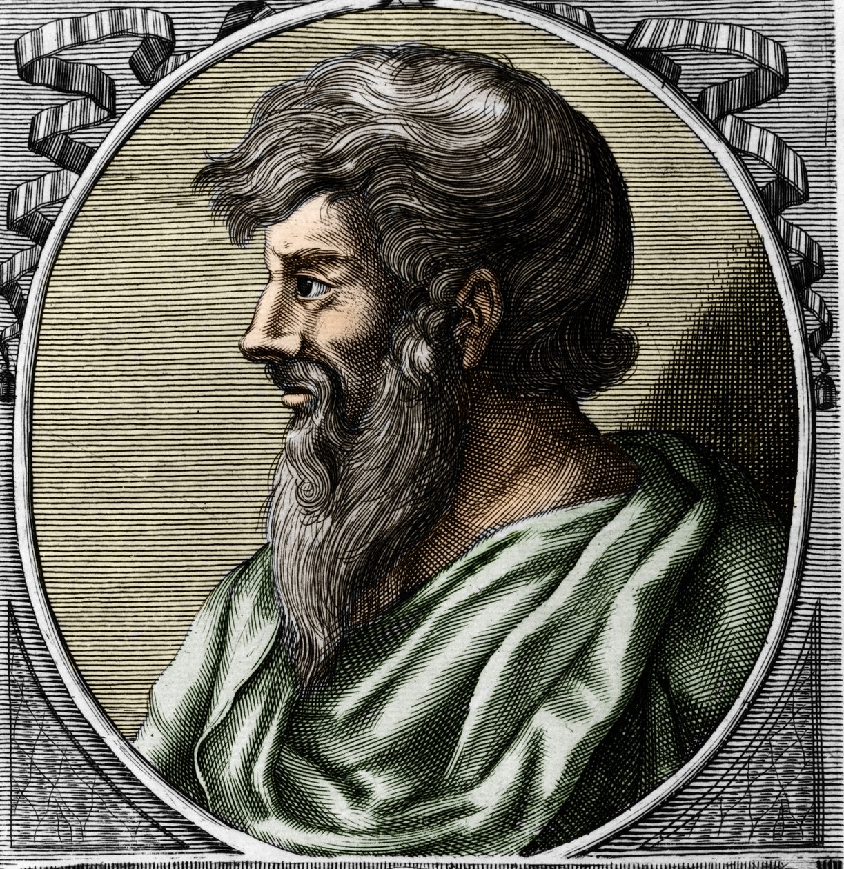 Portrét Pythagora (asi 570 - kolem 480 př. n. l.), řeckého matematika a filozofa. Rytina 18. století od Unknown artist