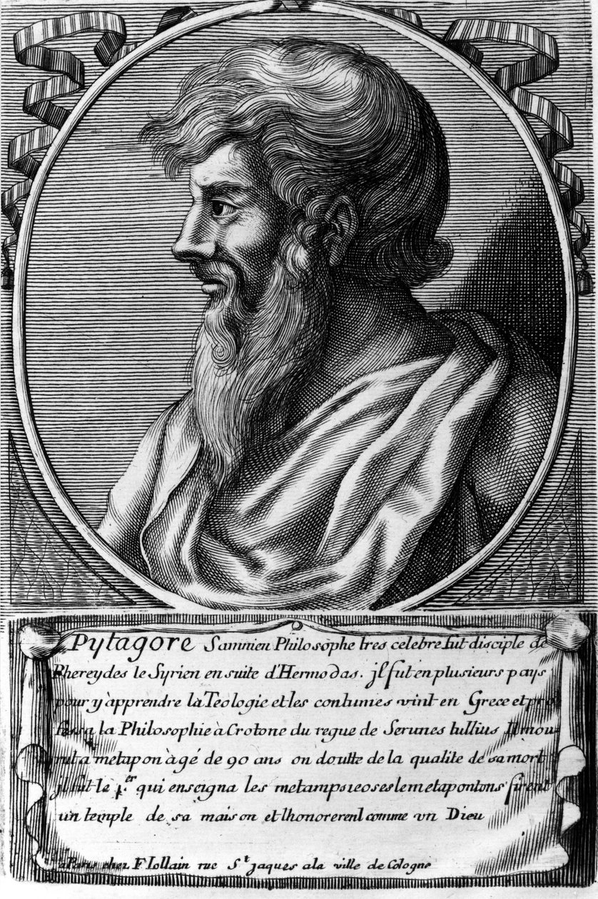 Portrét Pythagora (asi 570 - kolem 480 př. n. l.), řeckého matematika a filozofa. Rytina 18. století od Unknown artist