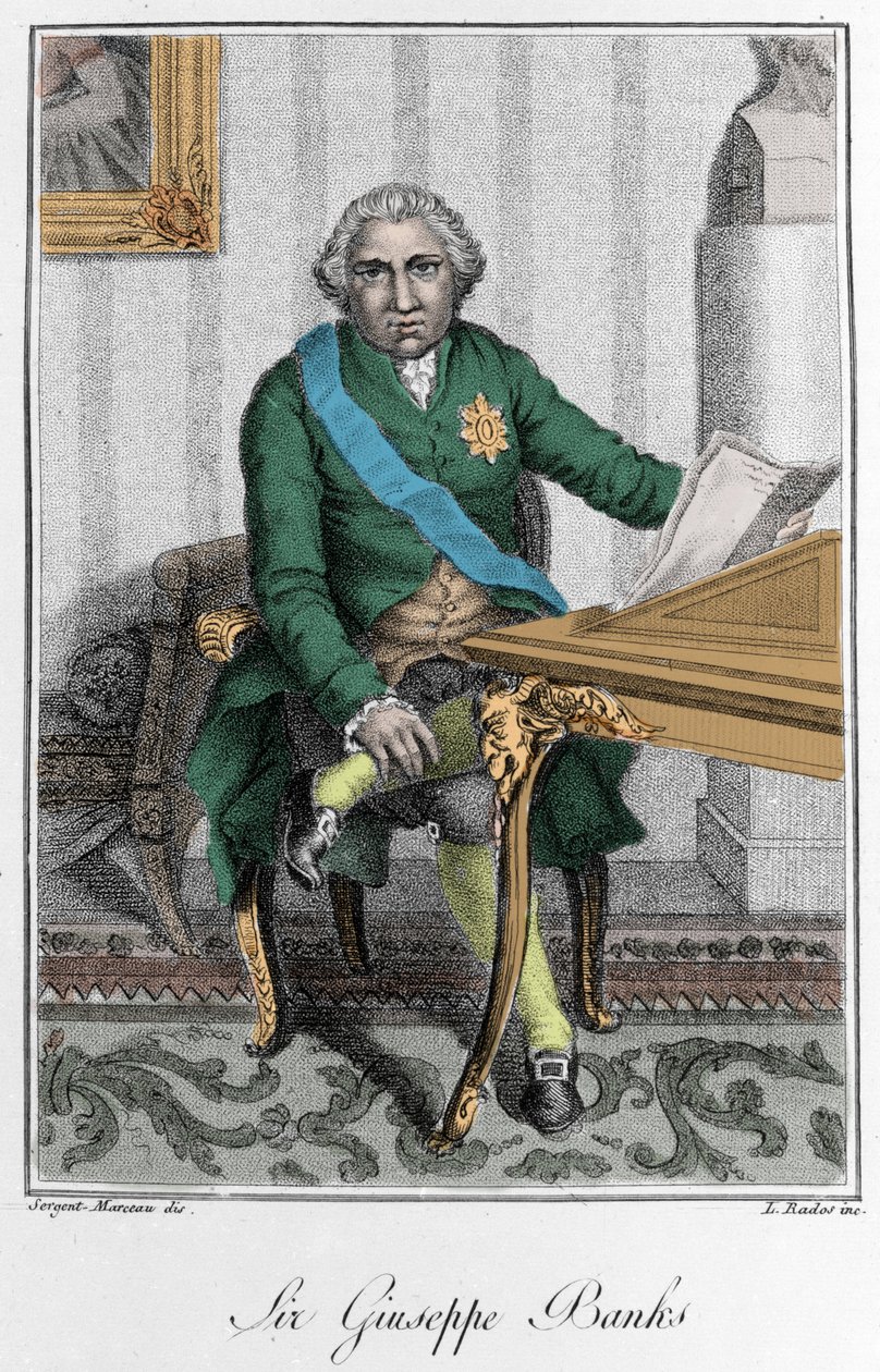 Portrét sira Josepha Bankse (1743-1820), anglického průzkumníka a přírodovědce. Barevné gravírování od Unknown artist