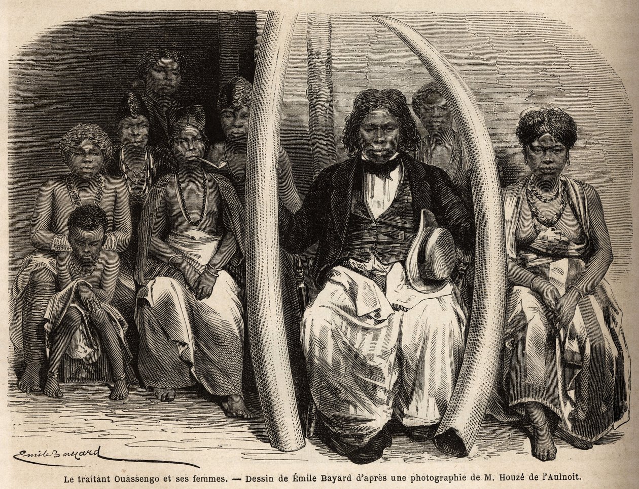 Portrét afrického vyjednavače slonoviny obklopuje jeho manželky. Kresba Emila Bayarda (1837-1891) k ilustraci cesty doktora Griffona du Bellay do Gabonu v letech 1861-64. Rytina v „“Le tour du monde““, editoval Edouard Charton od Unknown artist