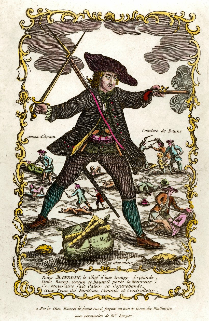 Portrét francouzského lupiče Louise Mandrina (asi 1725-1755). Za ním Autunova akce a Bauneův boj. Rytina 18. století. Soukromá sbírka od Unknown artist