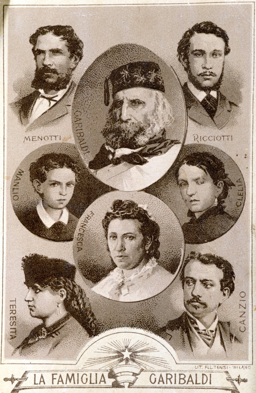 Portrét patriota a hrdinů Risorgimenta Giuseppe Garibaldiho (1807-1882) a členů jeho rodiny: Menotti, Ricciotti a Teresita, syn Anity; Stefano Canzio, manželka Teresity; Francesca Armosino, třetí manželka a jejich děti synové Clel od Unknown artist