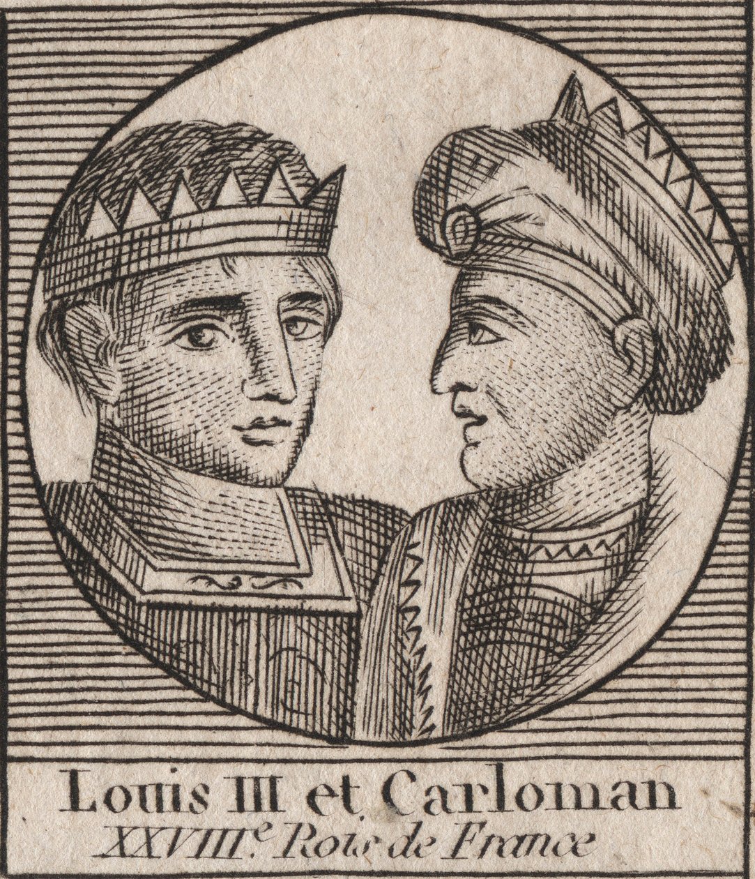 Portréty Ludvíka III. (863/65-882) krále franků v letech 879 až 882 a Carlomana II. (866-884), krále franků v letech 879 až 884 - Ludvíka II., krále Západní Francie a Carlomana II., krále Západu Francia - rytina z “Instruction sur l