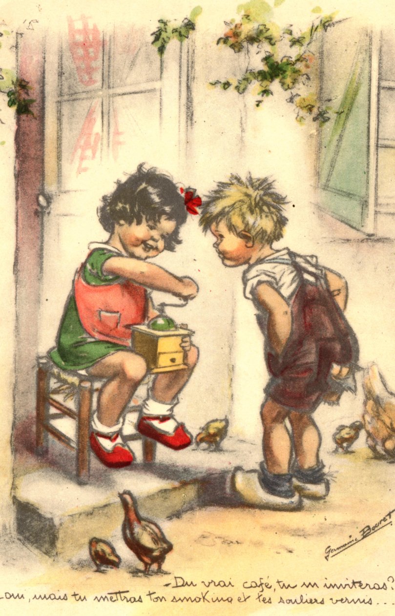 Pohlednice, Kýč, dvě děti s mlýnkem na kávu, dívka a chlapec od Unknown artist