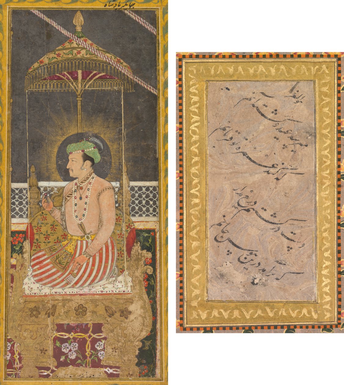 Posmrtný portrét císaře Jahangira pod baldachýnem (recto); kaligrafie (verze) od Unknown artist