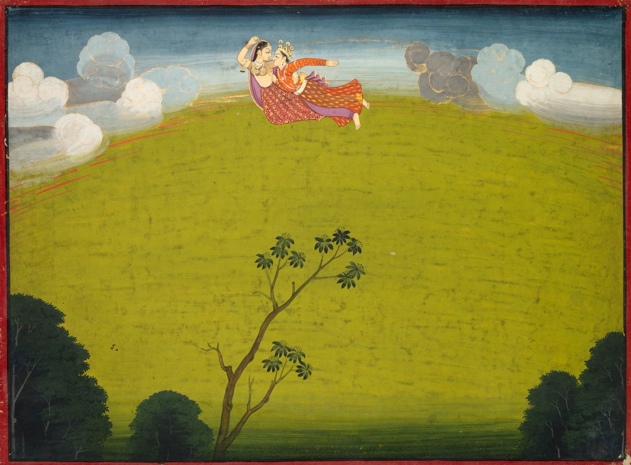 Pradyumna a Mayavati létají do Dwarky z Velké Basohli Bhagavata Purana od Unknown artist