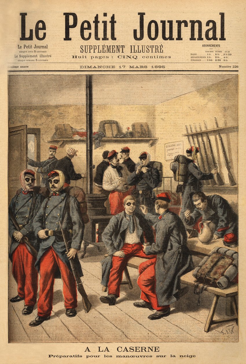 Připravují se na manévry na sněhu, místo brýlí s kouřovými brýlemi jsou vojáci obklopeni černými sazemi. Rytina v „“ Le petit journal“ 17/03/1895. Selva sbírka. od Unknown artist