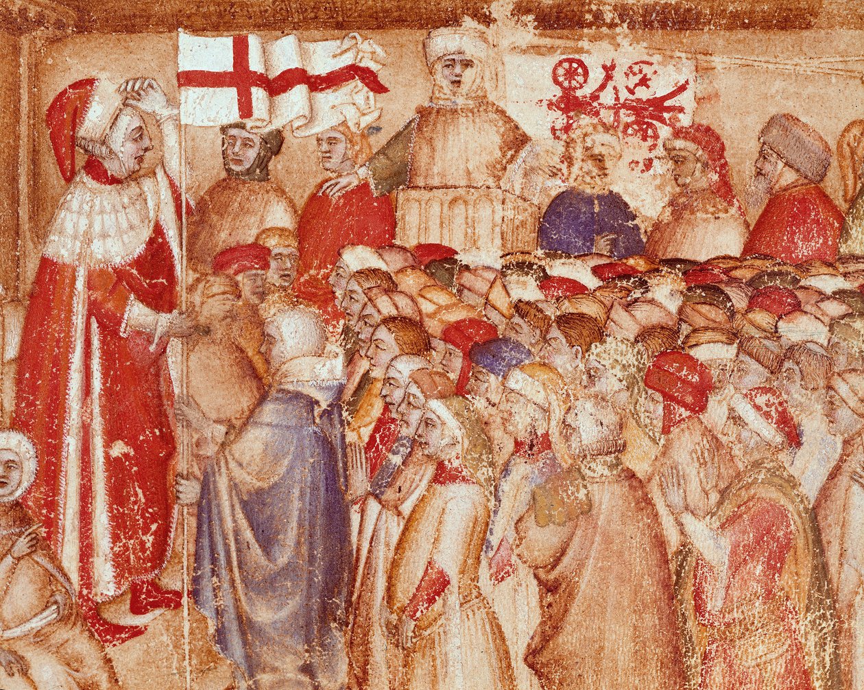 Předání vojenské vlajky princi z rodu Carraresi, pánům z města Padova Miniatura z „Chronica Carrariensibus““ (Kroniky rodu Carraresi) Biblioteca Capitolare ze 14. století, Padova od Unknown artist