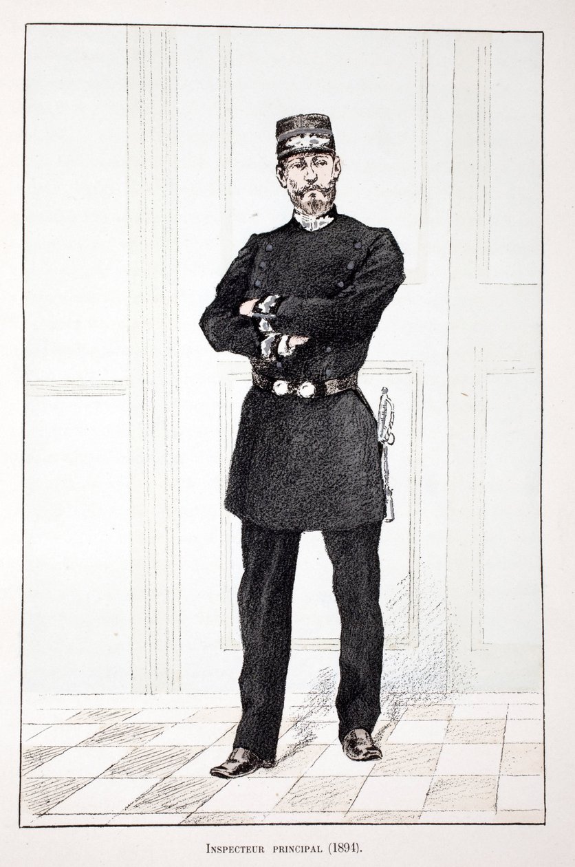 vrchní inspektor (1894). Eau forte en couleurs, pour ilustraci “” Histoire du corps des gardiens de la paix””” kniha vydaná pod záštitou Louis Lepine (1846-1933) prefet de police de la Seine, Alfred Rey (1864-?) a Louis Feron (1862-?) od Unknown artist