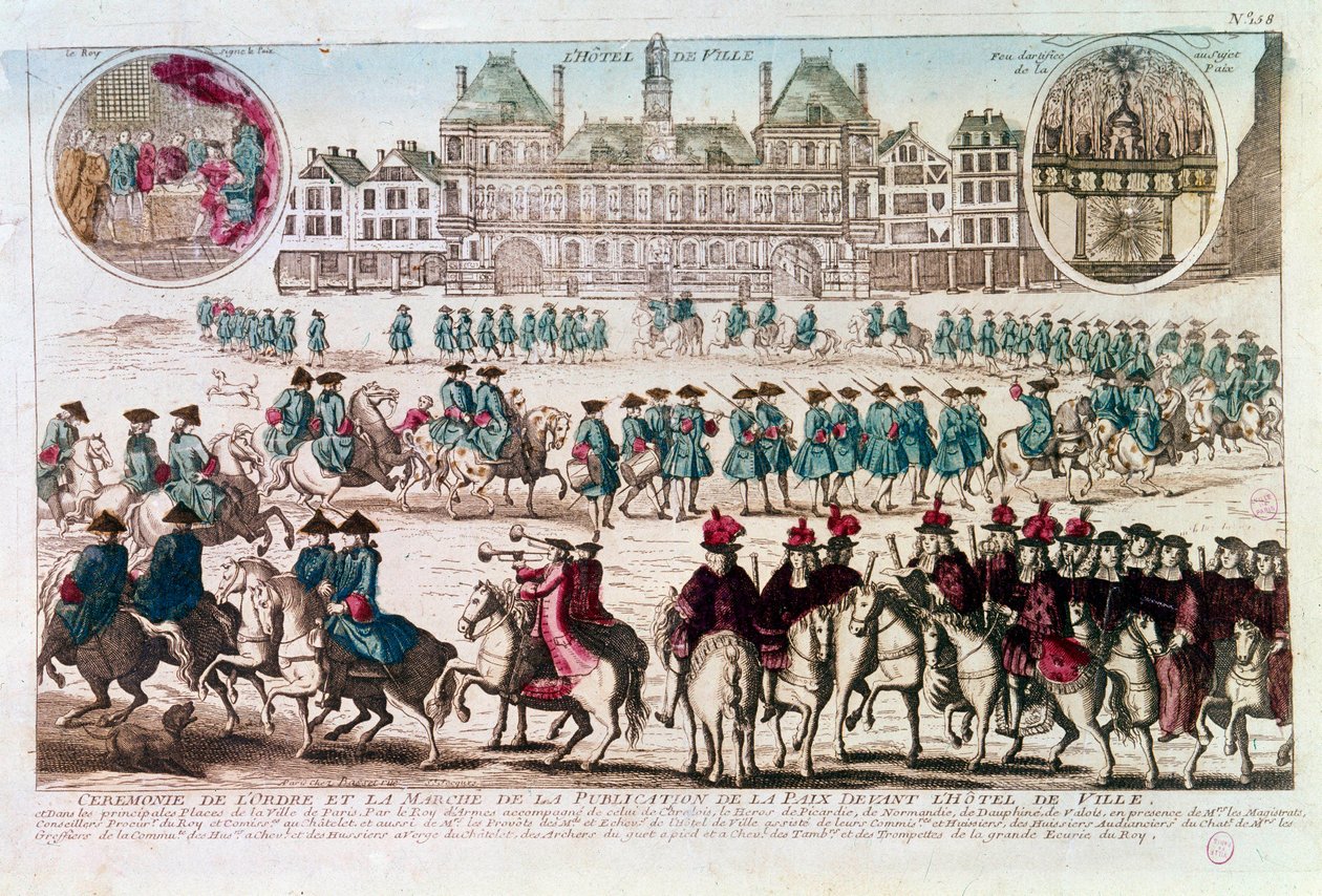 Průvod u příležitosti obřadu mírové publikace před radnicí (Place de Greve). Rytina 18. století B.N. Paříž od Unknown artist