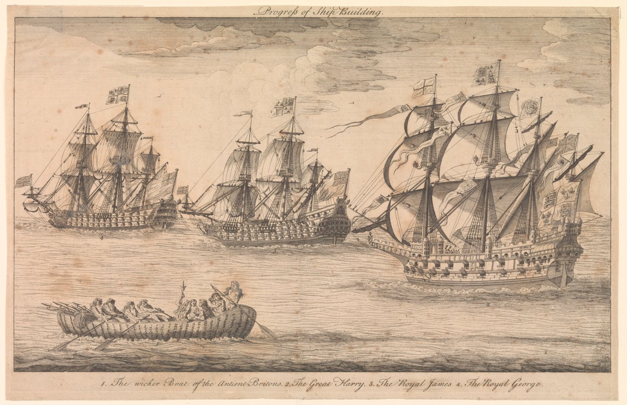 Pokrok ve stavbě lodí. 1. Proutěný člun starých Britů 2. Velký Harry 3. Královský Jakub 4. Královský Jiří od Unknown artist