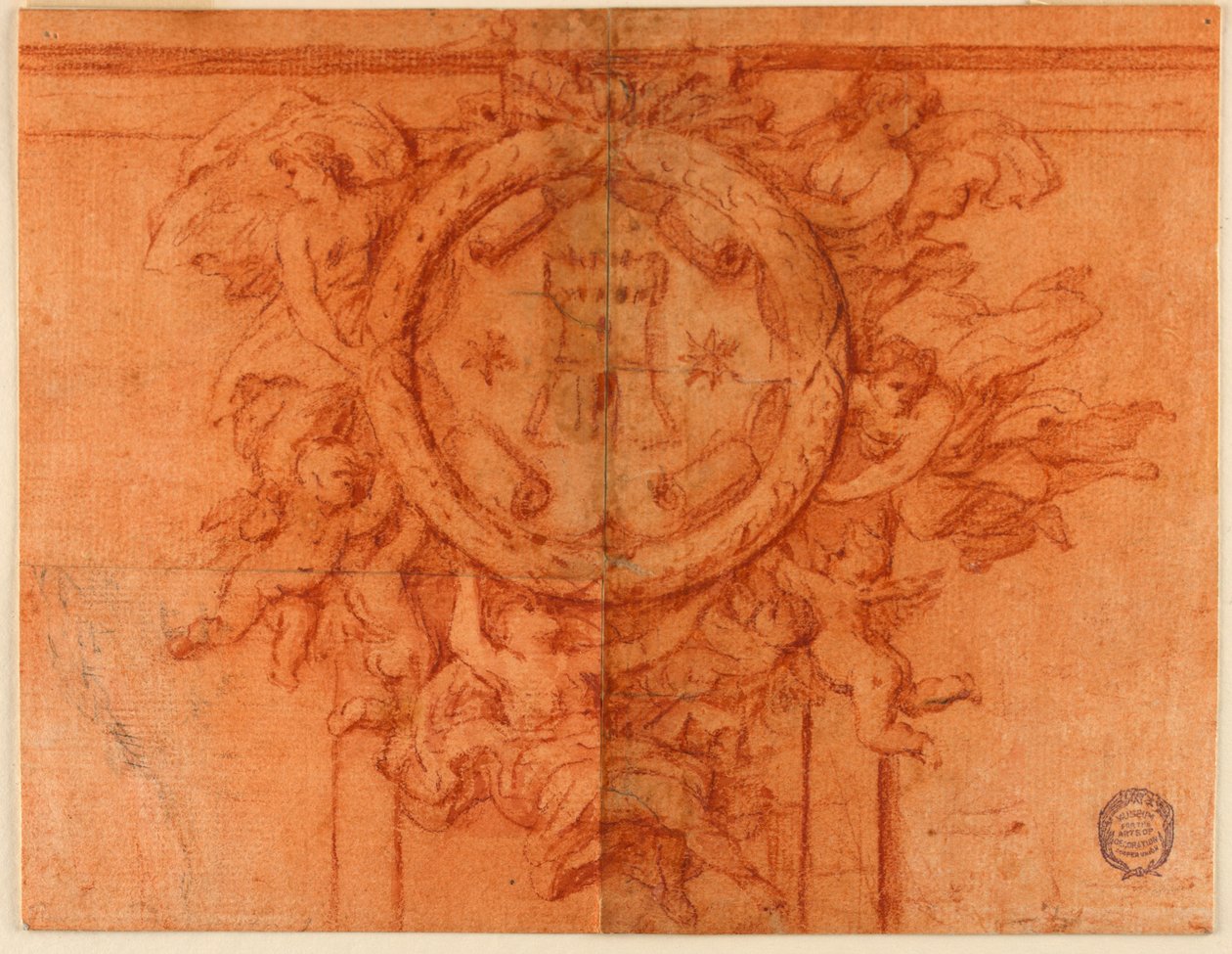 Projekt nástěnné dekorace (Ženské postavy a putti podpírají kruhový medailon s erbem) od Unknown artist