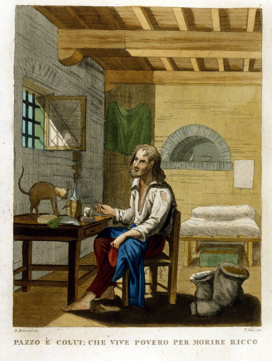 Přísloví ilustrující chamtivost: „Žít chudý, abys zemřel bohatý“. od Unknown artist